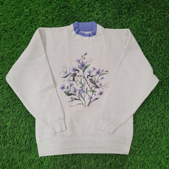 Vintage Flower Bird Sweatshirt Womens Medium 18x23 Gray - Picture 1 of 12